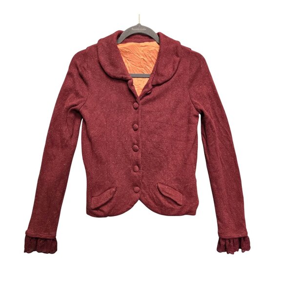 Vintage Style Y2K Preppy Academia Burgundy Cardigan Jacket Lace Cuffs & Button F - Picture 1 of 10